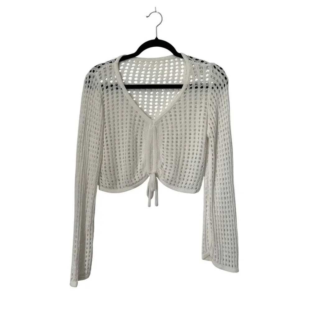 Womens Crop Top Size S White Open Knit Bell Sleeve Cinched Boho Festival Hippie